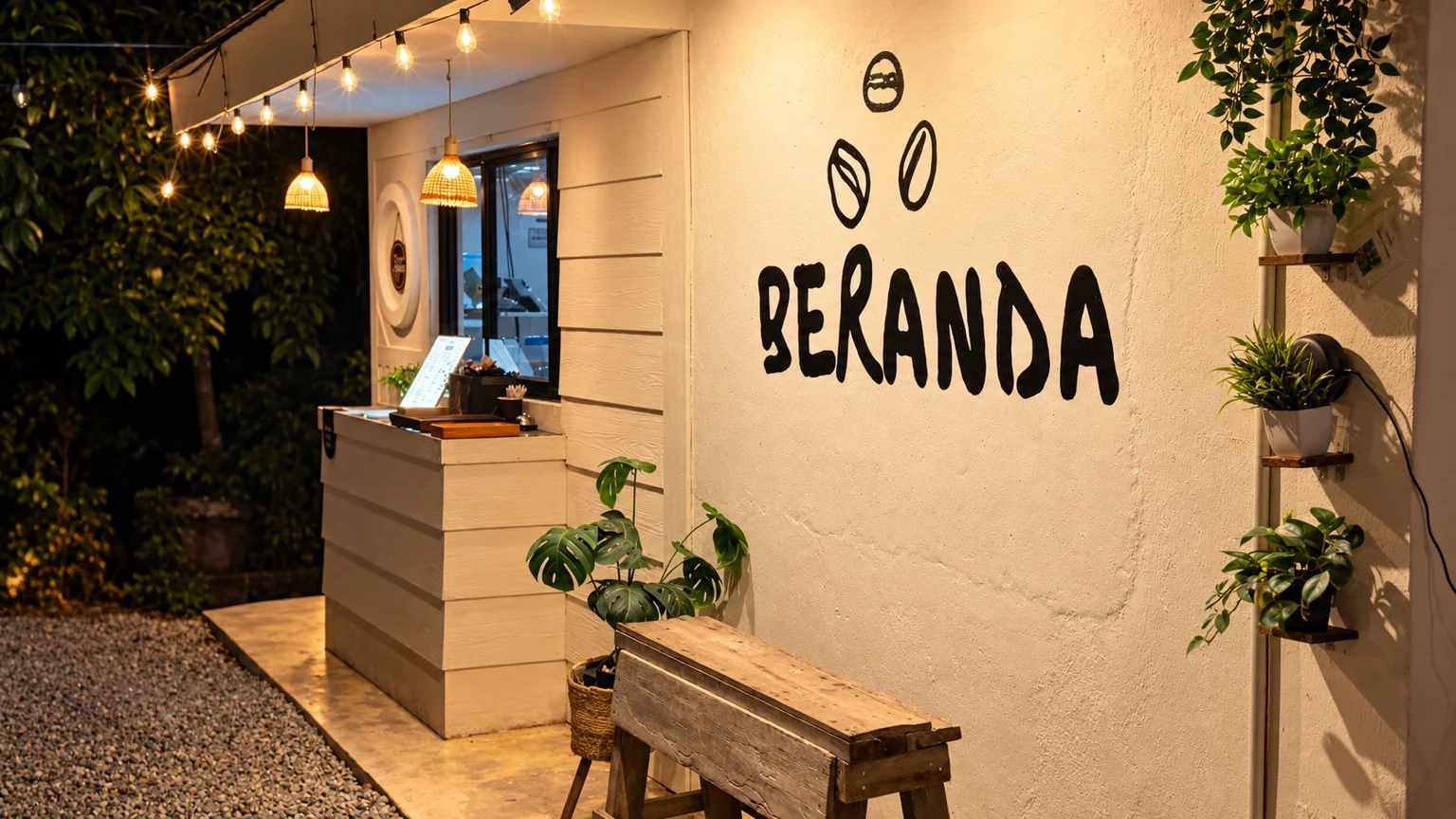 The Beranda Coffee counter and hand-painted wall logo under warm evening lights