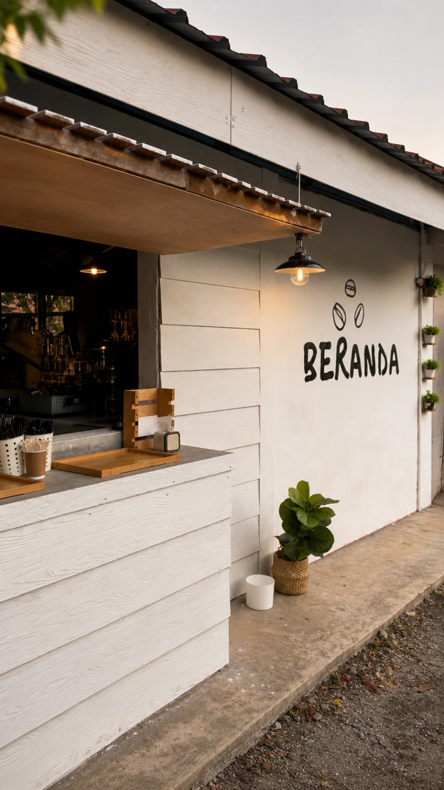 The coffee counter and warm lights at Beranda, Kampung Tualang