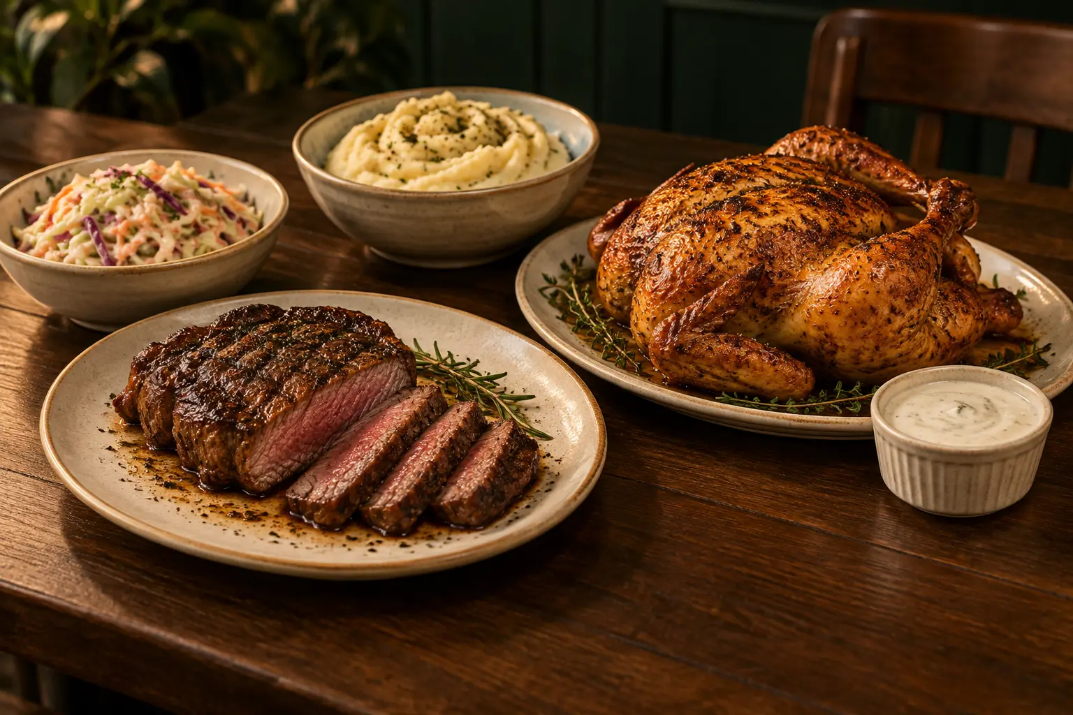 Illustration of steak, a whole rotisserie chicken, coleslaw, mashed potato and ranch dipping sauce